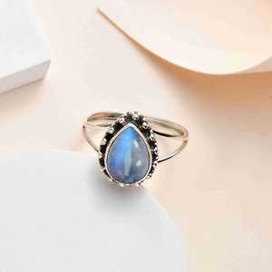 Rainbow Moonstone <b>Ring</b> Teardrop Gemstone <b>Ring</b> Sterling Silver <b>Boho</b> <b>Ring</b> June Birthstone Jewelry Dainty Moonstone <b>Ring</b> - Product Image 4