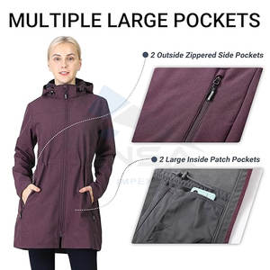 Veste Softshell pour femme, capuche amovible, doublure en polaire, longue, chaude, coupe-vent, rouge violacé - Product Image 5