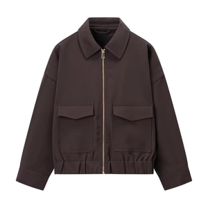 แจ็กเก็ตบอมเบอร์พิมพ์ลายสีน้ำตาลมีซิประบายอากาศได้สำหรับผู้หญิงเสื้อนอกแขนยาวลำลองเทรนด์2025ฤดูหนาว - Product Image 2