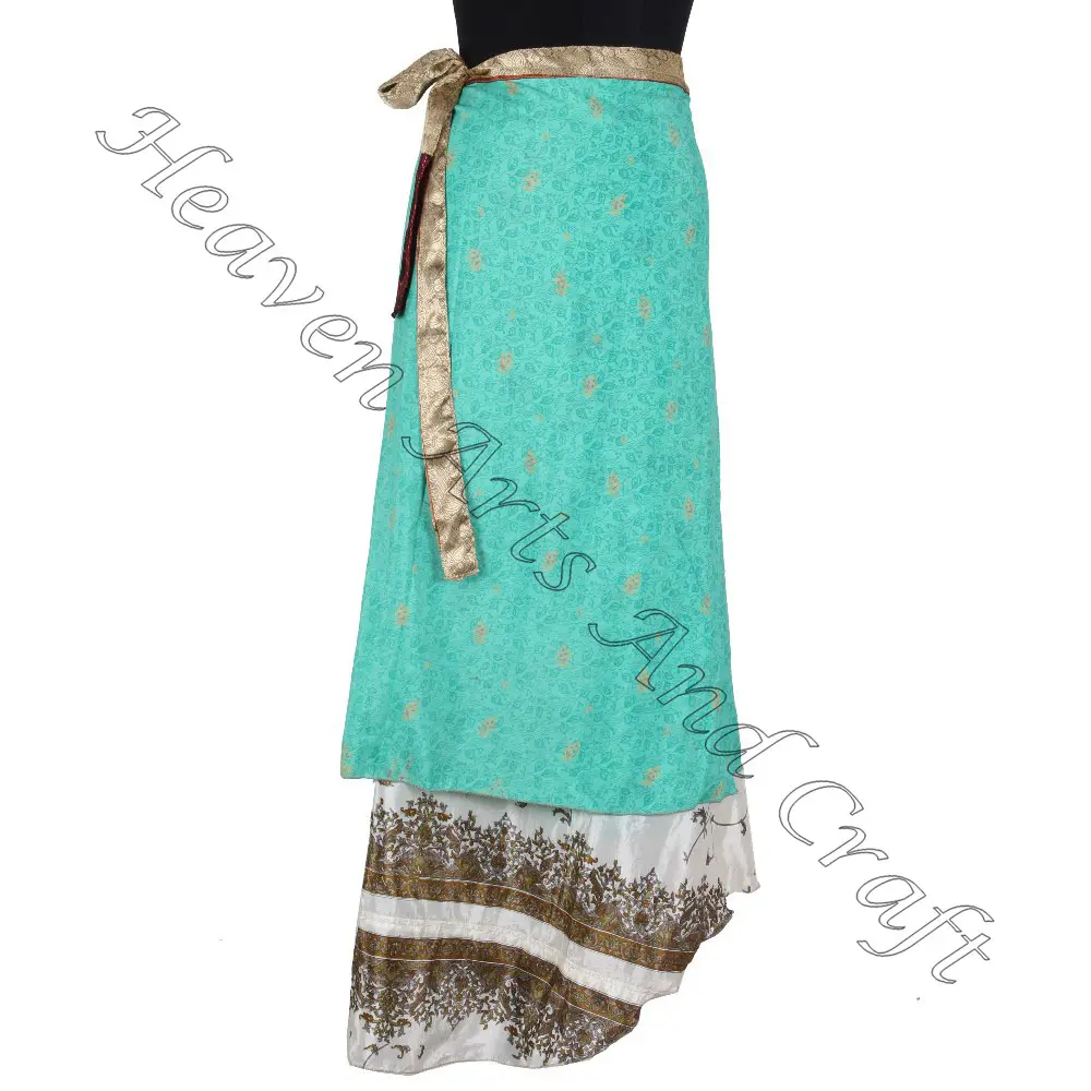 New Indian Sari Silk Wrap Em torno de saias Mulheres Desgaste De Seda Vintage Sari Longo Comprimento Envoltório Em torno da Saia 2 Camada reversível saree boho