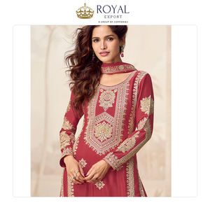 Exportador indio que vende la mejor ropa de fiesta y Festival Heavy Chinnon Silk con bordado Work Plazzo Salwar Suit a la venta - Product Image 6