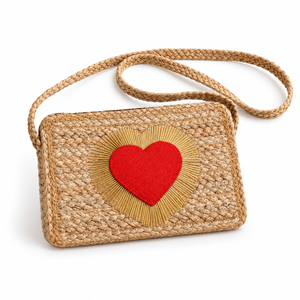 Bolso Bandolera Cuadrado de Yute Natural Ecológico Personalizable con Patrón de Letras, Aplique de Corazón Rojo y Rayos Dorados, Venta al Por Mayor - Product Image 1