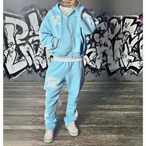 Ensembles de pantalons de survêtement brodés avec logo personnalisé et sweat à capuche zippé Streetwear survêtement zippé vintage survêtement deux pièces pour hommes - Product Image 1