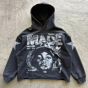 Sudadera con Capucha Corta y Holgada Estilo Vintage para Hombre, 100% Algodón, 550 Gramos, Felpa, Color Sólido, Tejido Bordado en Relieve para Otoño - Product Image 1