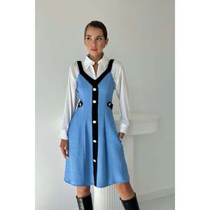Vestido con Tirantes Azul Negro con Bolsillos Decorativos - Azul Negro - Product Image 2