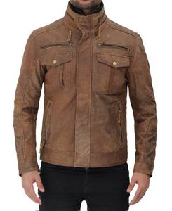 Chaqueta desgastada de seis bolsillos marrón claro Cuero puro original de calidad superior para hombres Invierno Maximizar el desgaste - Product Image 1