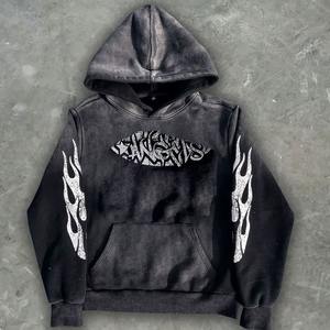 Zip up Acid Wash Applique Patch Embroidery Distressed Sweatsuit Custom Sweat Suit Tracksuit <b>Flared</b> Sweatpants and Hoodie Set <b>Men</b> - Product Image 3