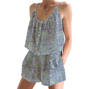 Conjunto de Pijama Corto con Estampado de Bloques Suaves para Mujer, Pijama Largo para Primavera/Verano, Floral, Ajustado, con Tirantes, sin Mangas - Product Image 1