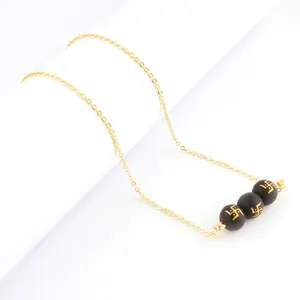 Fashion wholesale black lave stone round beaded pendant necklace gold plated cable chain necklace religious symbol bead necklace