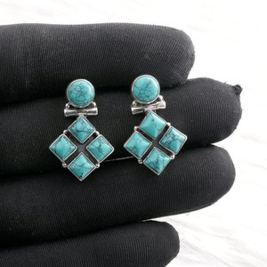 Turquoise Gemstone 925 Sterling Silver <b>Fine</b> <b>Stud</b> <b>Earrings</b> Gold Wedding Gift for Her Blue Blue <b>Earrings</b> - Product Image 2