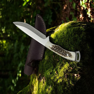Cuchillos de caza Stag Ridge hoja hecha a mano personalizada Damasco acero cuero vaina hoja fija cuchillo de caza - Product Image 4