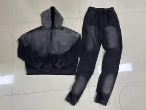 Conjunto Deportivo Personalizado de Dos Piezas con Lavado Ácido, Apliques Bordados y Cremallera, Unisex, Sudadera con Capucha y Pantalones Deportivos Gruesos - Product Image 2