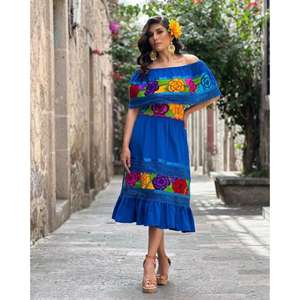 Women White V-neck Floral Embroidered <b>Maxi</b> <b>Dress</b> Cotton Ruffle Hem Natural Washable Eco-Friendly Mexican Ethnic Summer Wear - Product Image 4