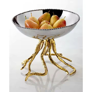 Designer Silver Luxury Metal Salad <b>Mixing</b> <b>Bowls</b> With Gold Horns Antler Pedestal Hammered <b>Bowl</b> for Nordic Home Decor & Kitchen - Product Image 1