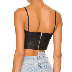 Manufacturer's Women's Sheep Leather <b>Corset</b> Solid Pattern Casual Leather Tank Crop <b>Top</b> with Woven Fabric Wholesale Cheap Price - Product Image 2