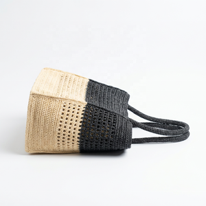 Crochet Raffia Durable Tote <b>Bag</b> <b>Women</b> Casual <b>Beach</b> Two Tone Black and Beige Hollow Out Open Top Large Capacity Parties - Product Image 3