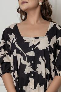 Black Beige 100% Cotton Solid Short <b>Dress</b> Square Neckline Gathered Puff Sleeves Front Button Closure - Product Image 3