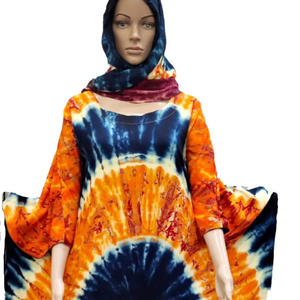 African Hand Tie Dye <b>Kaftan</b> with Rayon Lose Rope Free Fall Fabric with Scarf Elegant Fast Colors - Product Image 1