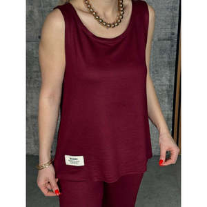 Ensemble deux pièces pour femme, chemisier à bretelles et col rond en viscose à deux fils et pantalon de survêtement, 26611 - Bourgogne - Product Image 2