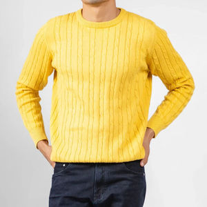 Pull en maille torsadée jaune pour homme de haute qualité, col rond, manches longues, en coton doux, pull chaud d'hiver, décontracté, mode, usage quotidien - Product Image 1