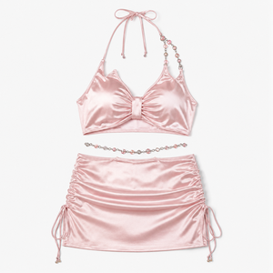 Conjunto de Traje de Baño de Satén Rosa Personalizado para Mujer, Top de Bikini Halter y Falda, Impresión por Transferencia de Calor, Servicio OEM - Product Image 3