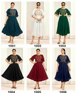 Venta caliente patrón de manga de lujo bordado lateral frontal cuello redondo hasta la rodilla Kurti para evento saliente y especial festivo para la venta - Product Image 6