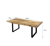 Table à manger industrielle moderne en dalle de bois massif à bord vif avec finition naturelle et base en métal