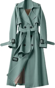 Long manteau en cuir véritable bleu élégant vintage pour femmes, vêtements d'extérieur trench respirants et surdimensionnés, ceintures d'hiver à bas prix - Product Image 4