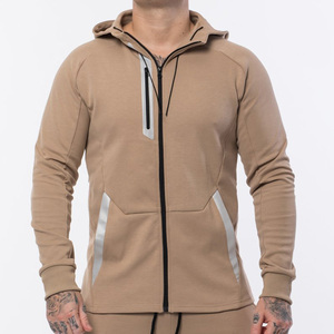 Premium élégant rayures réfléchissantes imprimé coton blanc plaine Logo en relief personnalisé hiver hommes polaire poche pull à capuche - Product Image 1