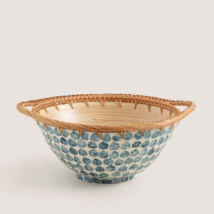 Elegant Round Spun <b>Bamboo</b> <b>Bowl</b> With Mother Of Pearl Inlay And Rattan Rim Ideal For Salad Serving Home Decor Handmade In Vietnam - Product Image 1
