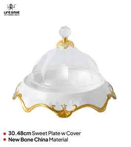 Elegante plato de porcelana de hueso blanco con tapa de cristal de cúpula transparente y base dorada de alta calidad duradero para fiestas - Product Image 2