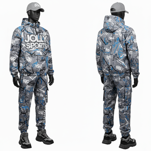 Conjunto de Chaqueta Cortavientos de Poliéster Premium de 180 g/m², Estampado de Grafiti Gris Azul, Logotipo Personalizado, Impresión DTF de Alta Densidad - Product Image 2