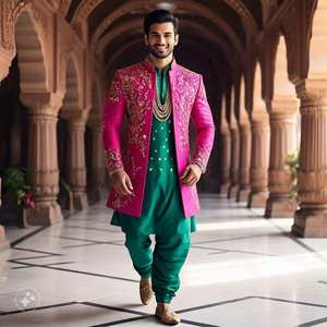 Designer Embroidery on Groom Pink <b>Jacket</b>,Green Kurta & Pant Dress with Embellished Crystal Glass Beads Dabka, Pearls Work @ 2025 - Product Image 1