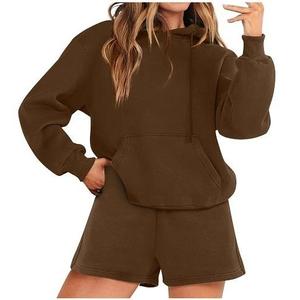 OEM Custom Design <b>Women's</b> Winter Knee Length <b>Long</b> Hoodies and <b>Shorts</b> Set Solid Pattern Knitting Fabric with Vintage Decoration - Product Image 4