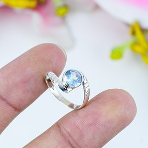 Natural Blue Topaz Gemstone <b>Ring</b> Vintage Silver Plated 925 Sterling Silver Round Cut Handmade Wedding Party Jewelry - Product Image 3