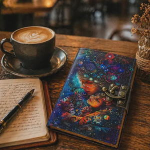 สมุดบันทึกหนัง A5 งานแฮนด์เมด พร้อมกุญแจล็อค ลายคอสมิกแม่ลูก  กระดาษขอบดิบ  สมุดจดบันทึก  รุ่นอัล อามีร์ แฮนด์เมด - Product Image 4