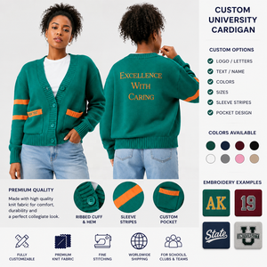 เสื้อคาร์ดิแกนถักแบบหนา สีเขียวมหาวิทยาลัย  ปักโลโก้ด้านหน้า แห้งเร็ว ติดกระดุม คอวี  แบบยูนิเซ็กส์ สไตล์วิทยาลัย - Product Image 2