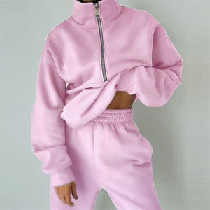 Ensemble de survêtements personnalisés pour femmes pull-over polaire sweat-shirt à capuche surdimensionné à demi-fermeture éclair menthe - Product Image 5