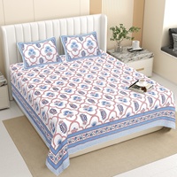 Klassisches Premium Blaues Blumen- und Tiermuster Jaipuri Handblockdruck 200TC Umweltfreundliches Azo-freies Baumwoll-3-Teiliges Doppelbett-Set
