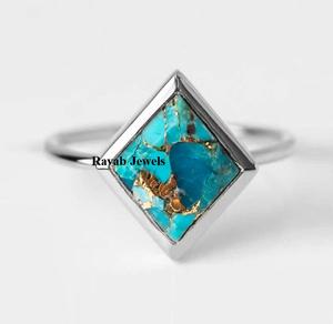 925 Sterling Silver Fine Women's Ring Blue Copper Turquoise 10X12mm Lunette Setting Handmade december Birthstone Custom Parties - Product Image 2