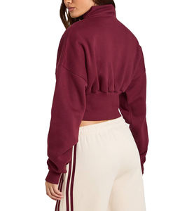 Sudadera Corta con Capucha para Mujer, Color Borgoña Sólido, con Logotipo Personalizado, Lavado Ácido, Forro Polar, Cremallera de Latón, Estilo Urbano, Venta al por Mayor - Product Image 4