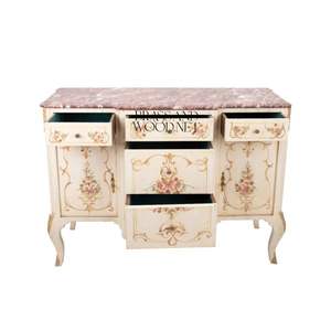 Console classique en bois peinte à la main avec plateau en marbre, détails floraux, élégante console de rangement de luxe - Product Image 5