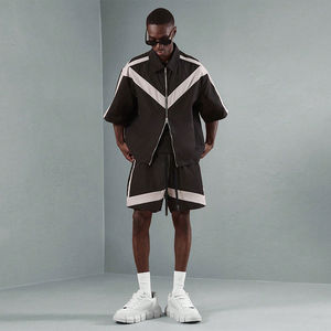 Summer Color Block Lightweight Nylon <b>Short</b> Sleeve Double <b>Zip</b> Jacket Custom logo Two Piece Turn Down Collar Windbreaker <b>Short</b> Set - Product Image 1