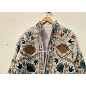 Handmade Reversible Suzani Embroidered <b>Jacket</b> Women's Autumn/Winter Outerwear Cotton Filling Varsity Style <b>Suede</b> Kantha Quilt - Product Image 2