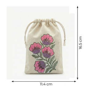 Pink Floral Embroidered Cotton <b>Drawstring</b> <b>Pouch</b> Bag Envelope Sealing for Storage Packaging Clothing Watches Bracelets Jewellery - Product Image 2