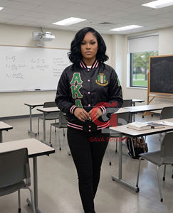 Chaqueta bomber corta de satén bordada para mujer, verde y rosa, estilo universitario griego, ropa de hermandad AKA, chaqueta griega personalizada - Product Image 4