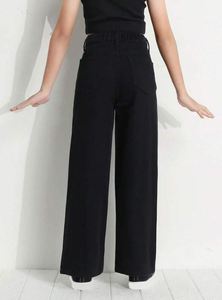 Pantalones Vaqueros de Mezclilla Personalizados para Mujer, Cintura Alta, al por Mayor, Color Negro Sólido, Corte Recto y Pierna Ancha - Product Image 4