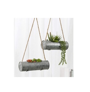Oniya-Juego de dos macetas de jardín para exteriores con diseño de cuerda rústica, barandilla colgante cilíndrica de metal galvanizado vintage - Product Image 1