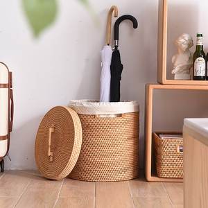 Natural Eco Friendly Rattan Trash Bin Waste Bins Sustainable Woven Laundry <b>Hamper</b> Basket with Lid and Handle - Product Image 5