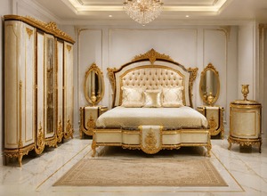 Turkish Style High-Back Royal Bed with 4-Door <b>Wardrobe</b> Royal Palace Style Hand Carved Bedroom Furniture Set with King Bed Set UK - Product Image 2